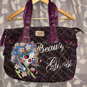 Ed Hardy Graphic Tote in Purple and Black